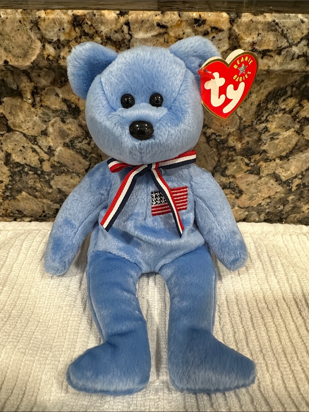 Blue Beanie Baby with Patriotic Ribbon